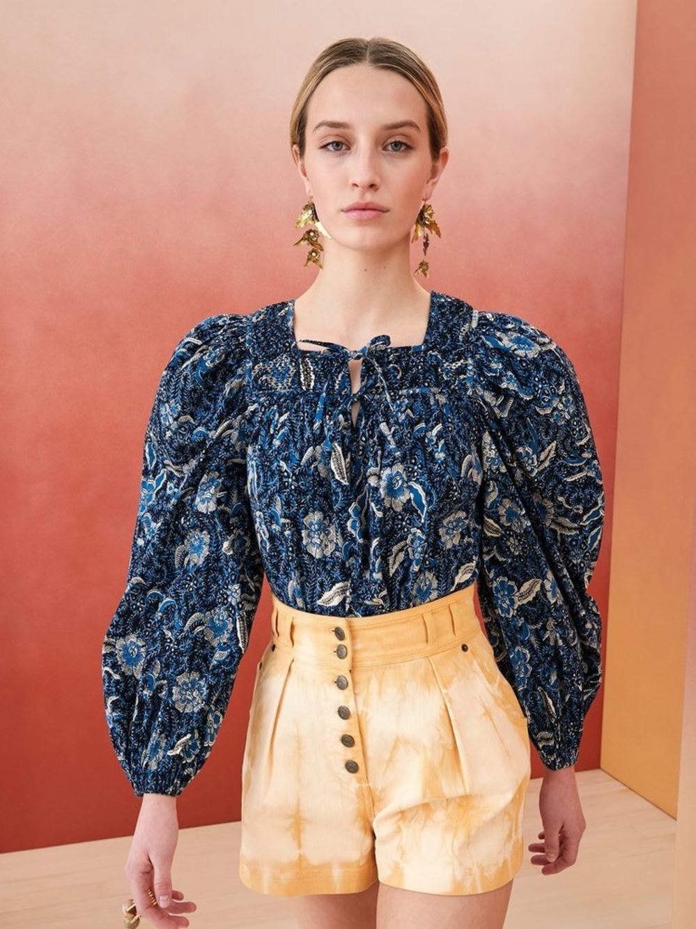 Ulla Johnson Navy Blue Floral Smocked Peasant Blouse